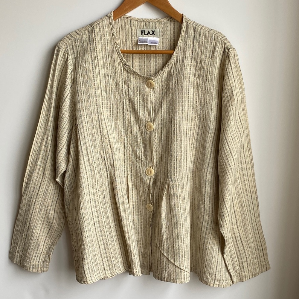 Flax 100% Linen Peplum Style Button Down Long Sleeve Top